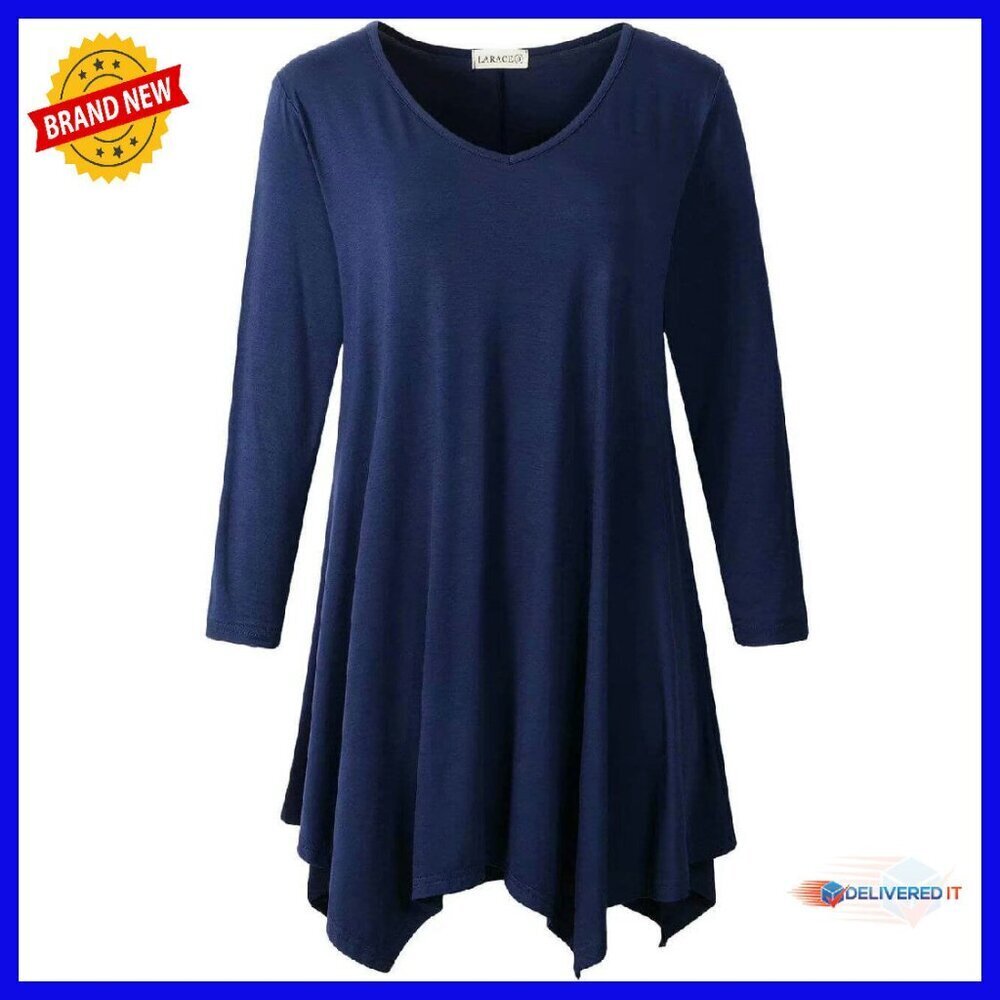 Plus Size Tunic Top 3/4 Sleeve V Neck Flowy Asymmetrical Hem